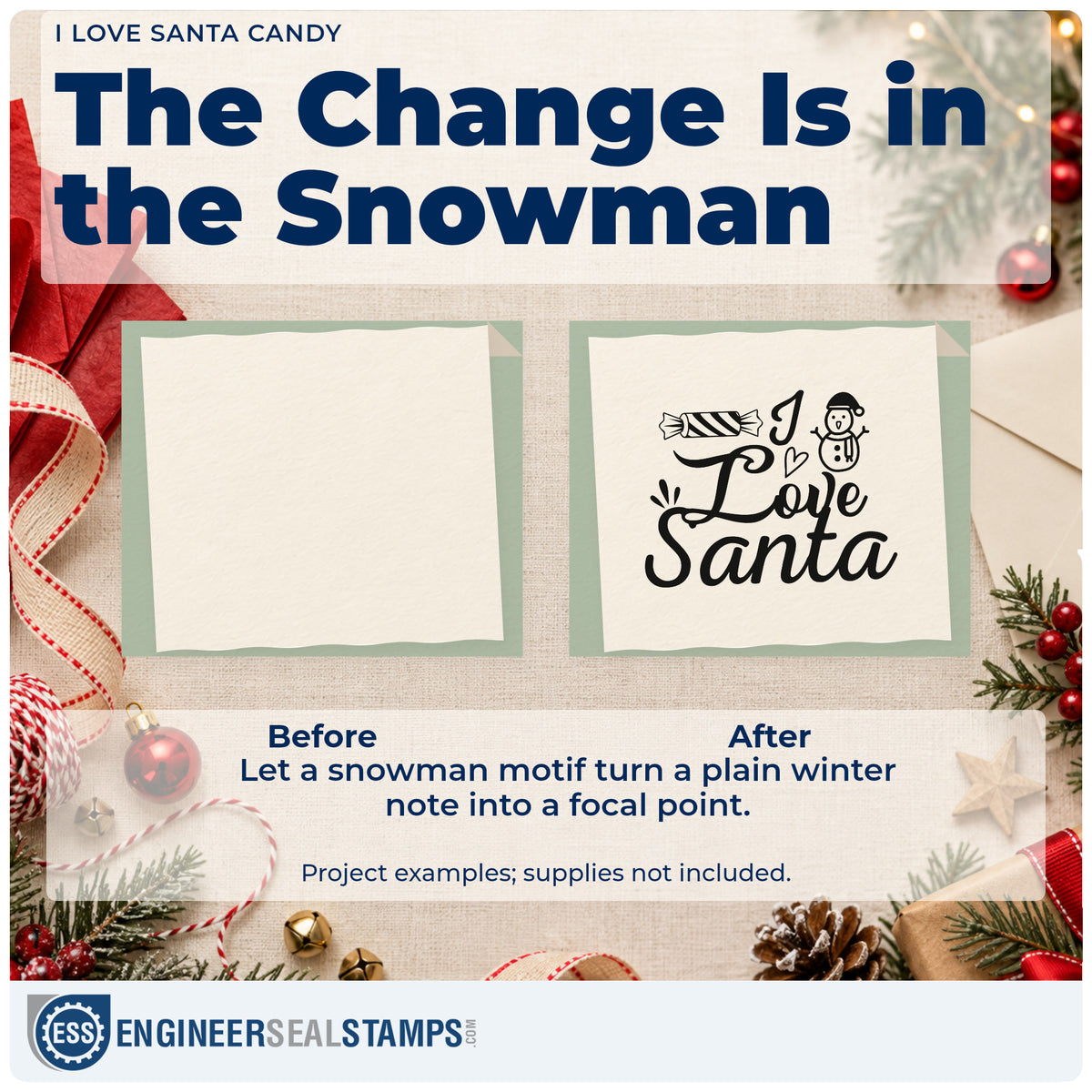 Before and after of a plain item finished with the I Love Santa Candy Snowman Wood Handle Stamp, a quick upgrade for framed play room.