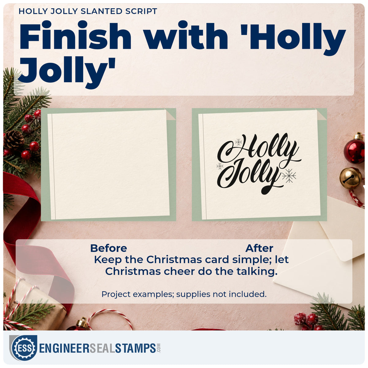 Before and after of a plain item finished with the Holly Jolly Slanted Script Pre-Inked Stamp – Slim, a quick upgrade for framed tilted mat.