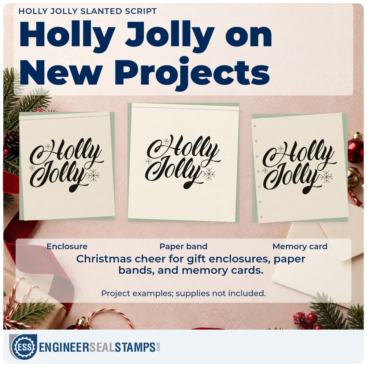 Three project examples made with the Holly Jolly Slanted Script Pre-Inked Stamp – Slim, including speed note sheet.