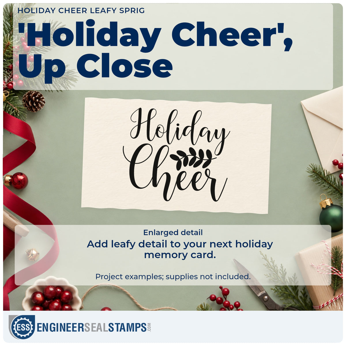 Enlarged detail of the Holiday Cheer Leafy Sprig Script Lettering Self-Inking Stamp imprint. Large elegant script “Holiday Cheer” includes a leafy sprig between the words.