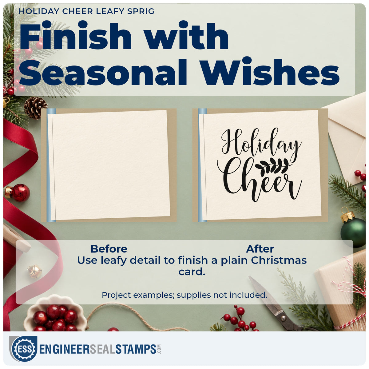Before and after of a plain item finished with the Holiday Cheer Leafy Sprig Script Lettering Premium Wooden Stamp – Vintage Pro, a quick upgrade for framed relaxation room.