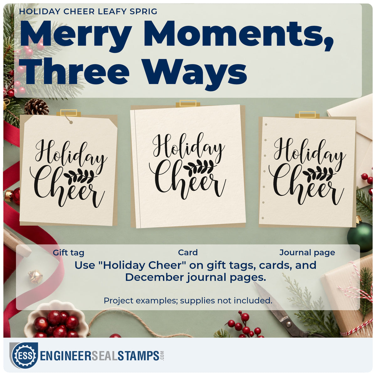 Three project examples made with the Holiday Cheer Leafy Sprig Script Lettering Compact Pre-Inked Stamp – Slim, including service menu sheet.