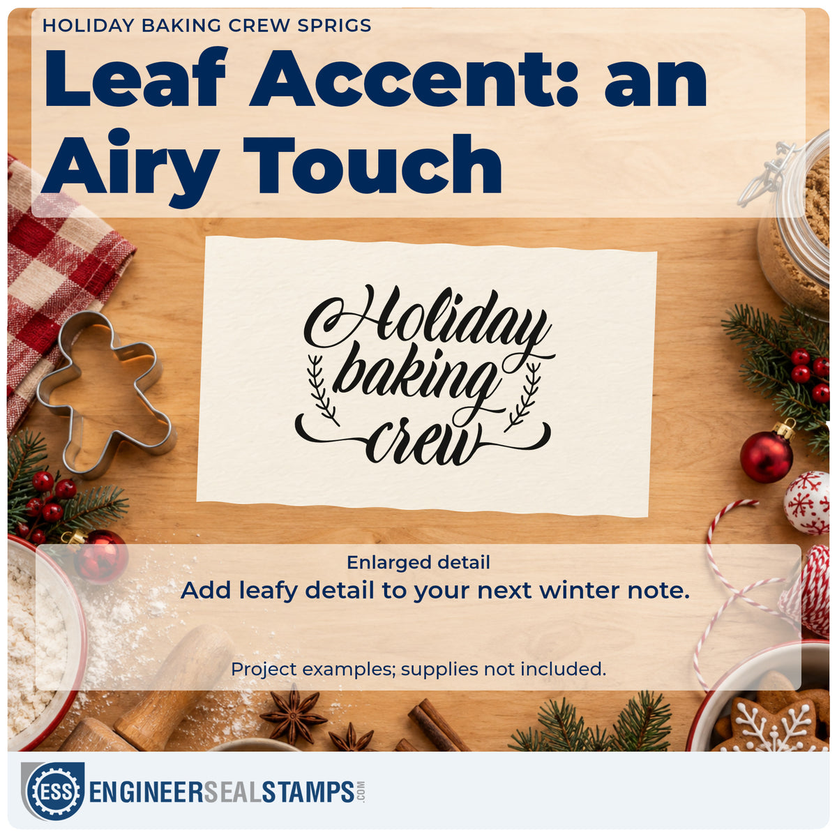 Enlarged detail of the Holiday Baking Crew Sprigs Duo Hand Stamp imprint. “Holiday Baking Crew” appears in script framed by fine leafy sprigs.