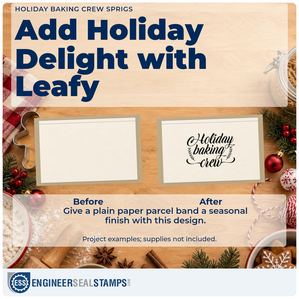Before and after of a plain item finished with the Holiday Baking Crew Sprigs Rubber Stamp – Wood Handle, a quick upgrade for framed bakery window.