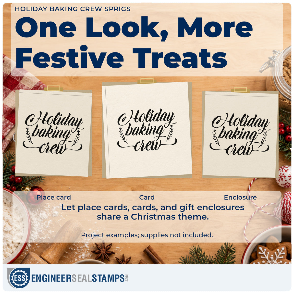 Three project examples made with the Holiday Baking Crew Sprigs Slim Pre-Inked Stamp, including production plan sheet.