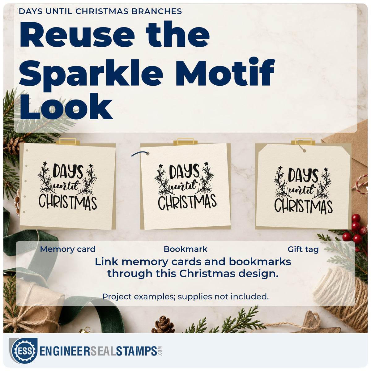 Three project examples made with the Days Until Christmas Branches Pine Motif Self-Inking Craft Stamp, including grid count sheet.
