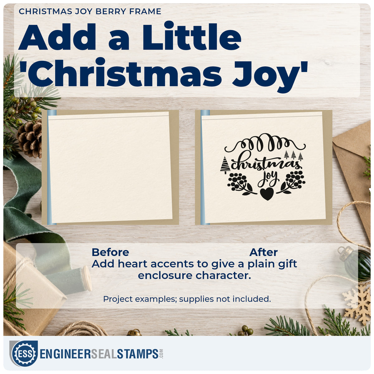 Before and after of a plain item finished with the Christmas Joy Berry Frame Hand Stamp – Duo, a quick upgrade for framed potting shed.