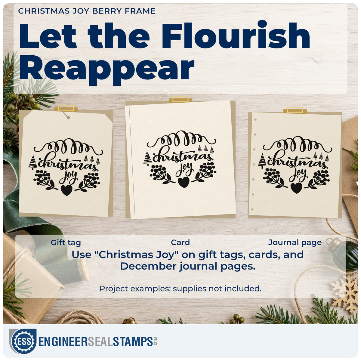 Three project examples made with the Christmas Joy Berry Frame Self-Inking Stamp, including cutting list sheet.