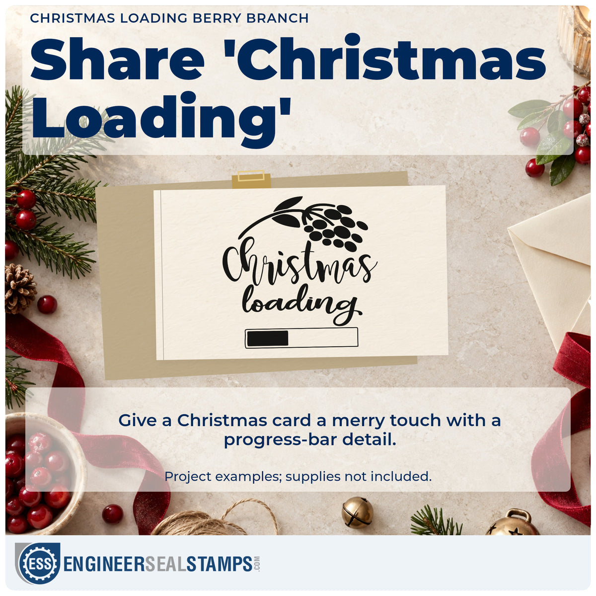 A finished handmade project stamped with the Christmas Loading Berry Branch Progress Bar Slim Pre-Inked Stamp, ideal for patience album page.