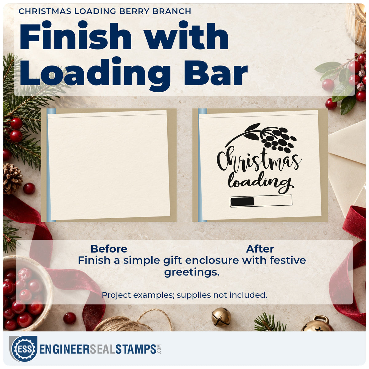 Before and after of a plain item finished with the Premium Wooden Christmas Loading Berry Branch Progress Bar Stamp – Vintage Pro, a quick upgrade for framed play wall.