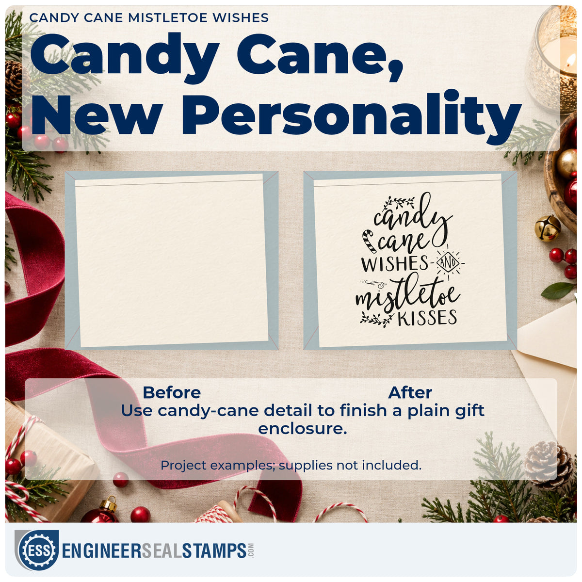 Before and after of a plain item finished with the Duo Hand Candy Cane Mistletoe Wishes Rubber Stamp, a quick upgrade for stocking toe printing.