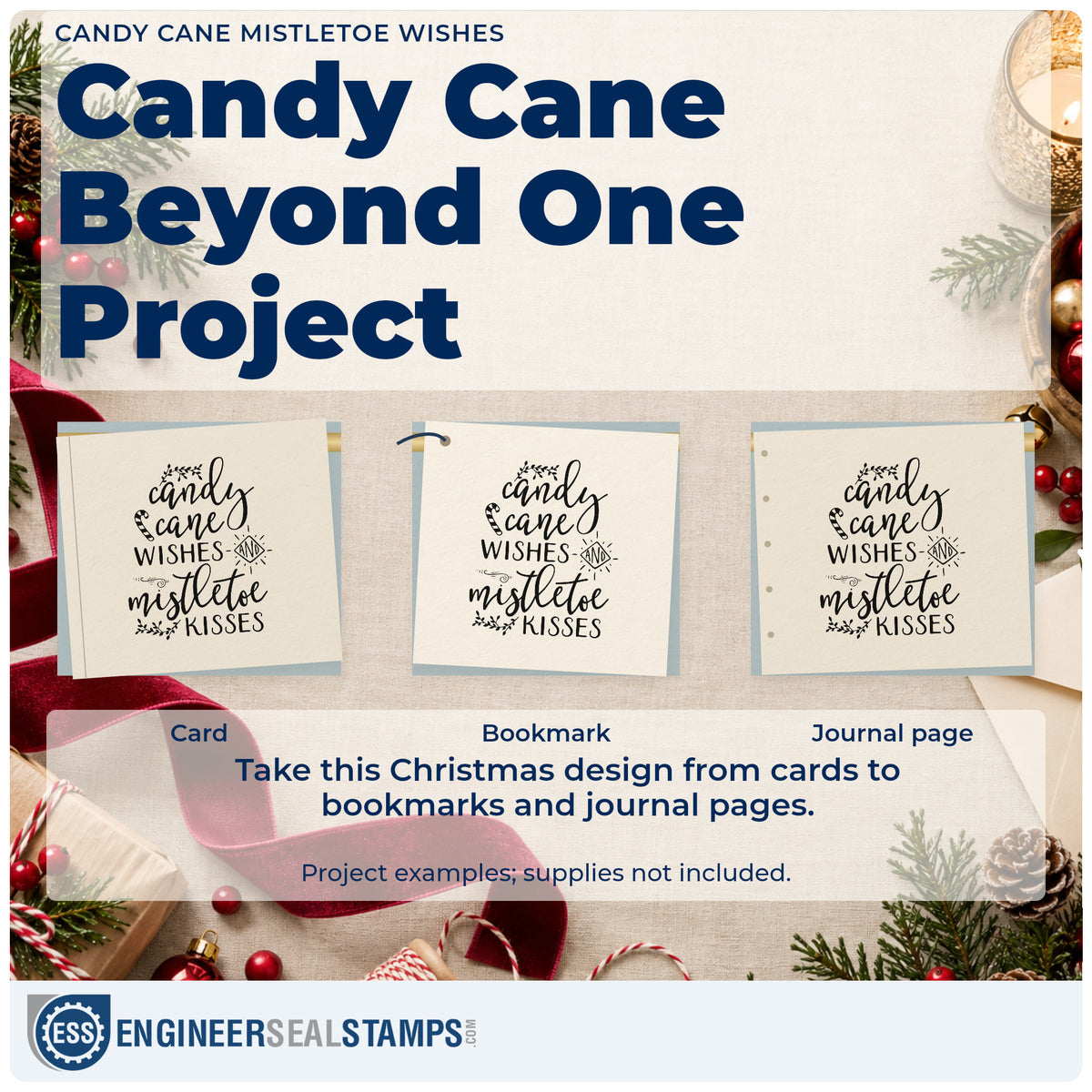 Three project examples made with the Duo Hand Candy Cane Mistletoe Wishes Rubber Stamp, including cane bundle tags.