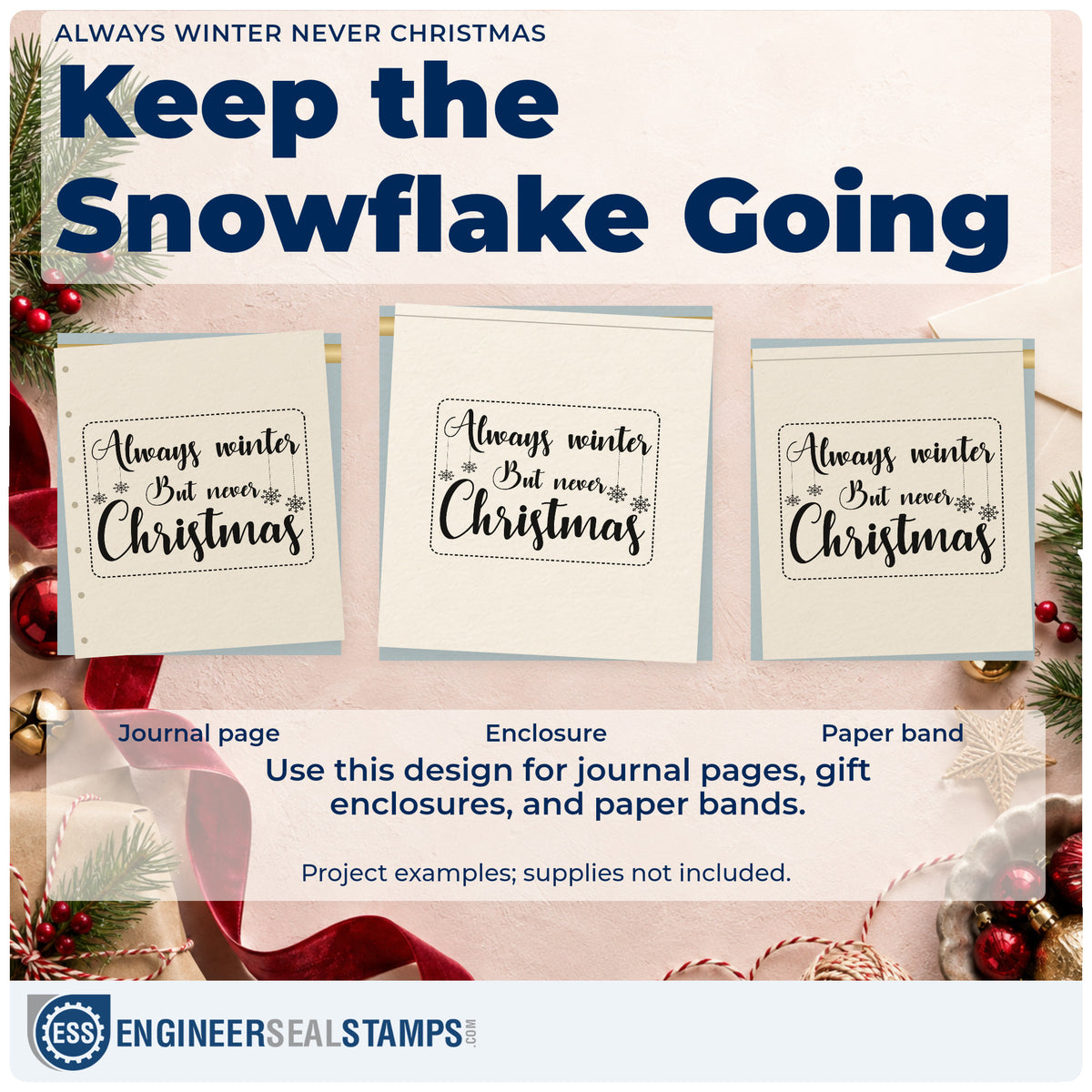 Three project examples made with the Always Winter But Never Christmas Stamp – Slim Pre-Inked, including reading log sheet.