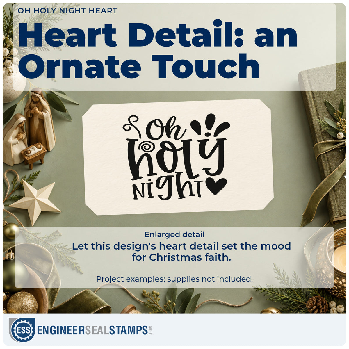 Enlarged detail of the Oh Holy Night Self-Inking Stamp imprint. “Oh Holy Night” appears in ornate bold lettering with accent rays and a solid heart.