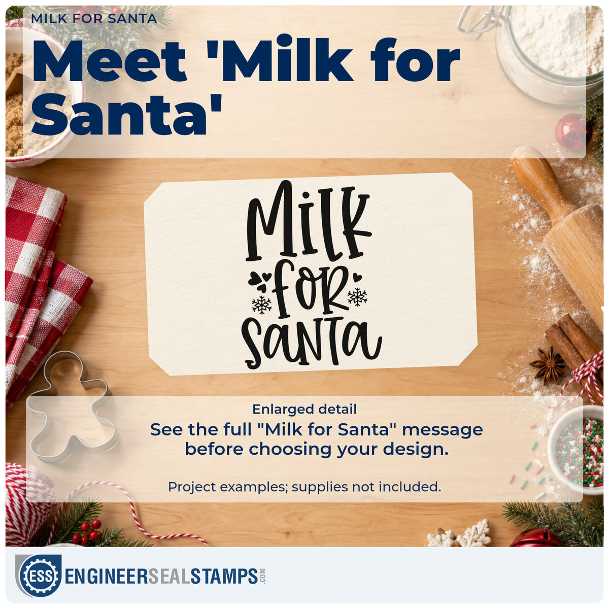 Enlarged detail of the Milk For Santa Snowflakes Hand Stamp – Duo imprint. “Milk for Santa” appears in tall playful letters with hearts and snowflakes.