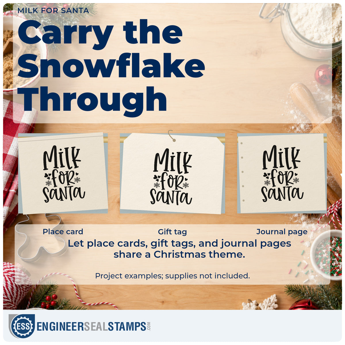 Three project examples made with the Milk For Santa Snowflakes Craft Stamp – Self-Inking, including dairy order sheet.