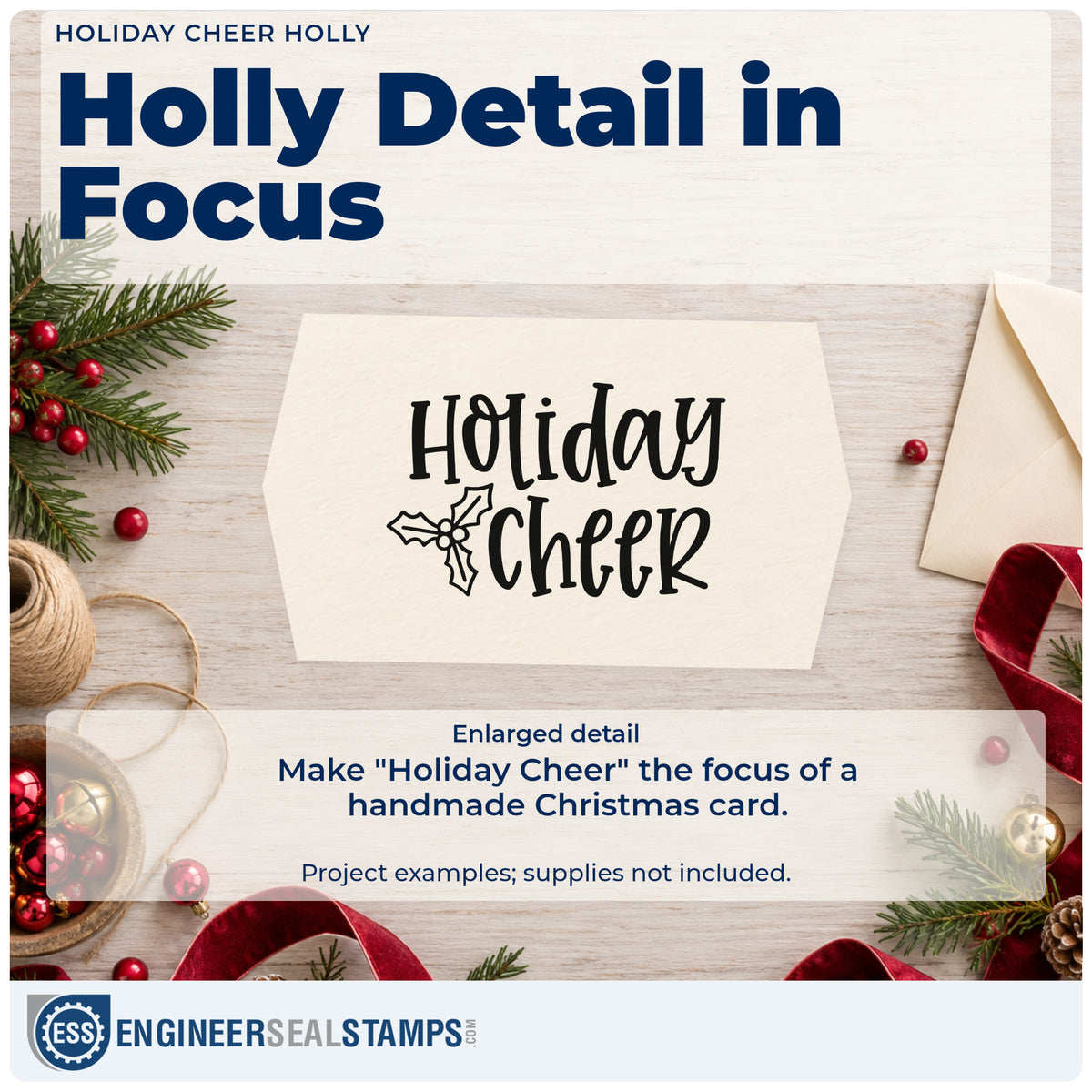 Enlarged detail of the Holiday Cheer Holly Stamp – Self-Inking imprint. “Holiday Cheer” appears in tall decorative lettering beside outlined holly.