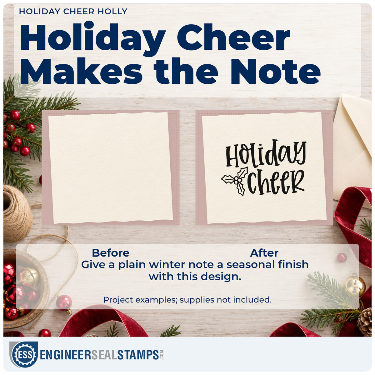 Before and after of a plain item finished with the Holiday Cheer Holly Duo Hand Stamp, a quick upgrade for framed assembly room.