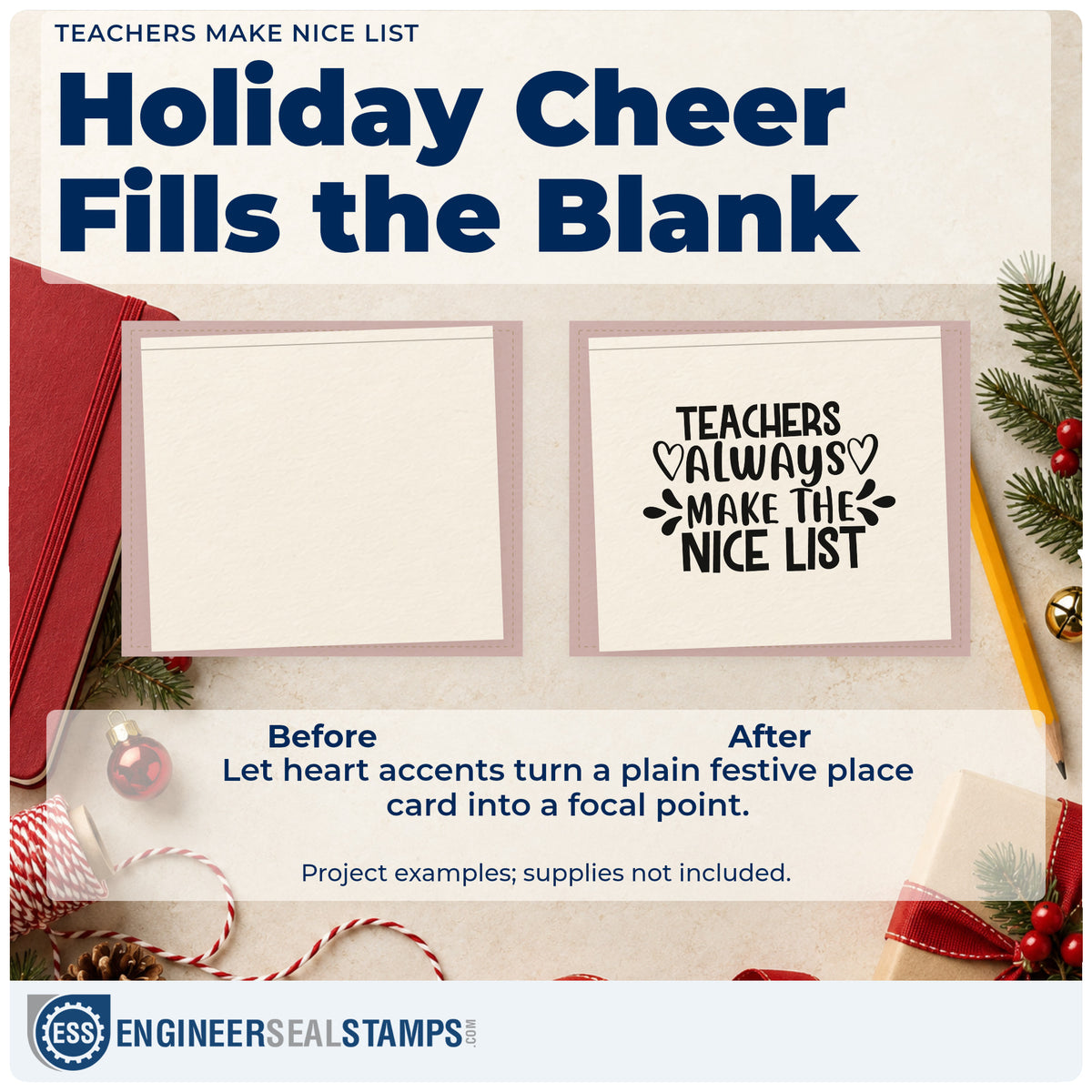 Before and after of a plain item finished with the Teachers Make Nice List Pre-Inked Stamp – PSI, a quick upgrade for framed desk corner.
