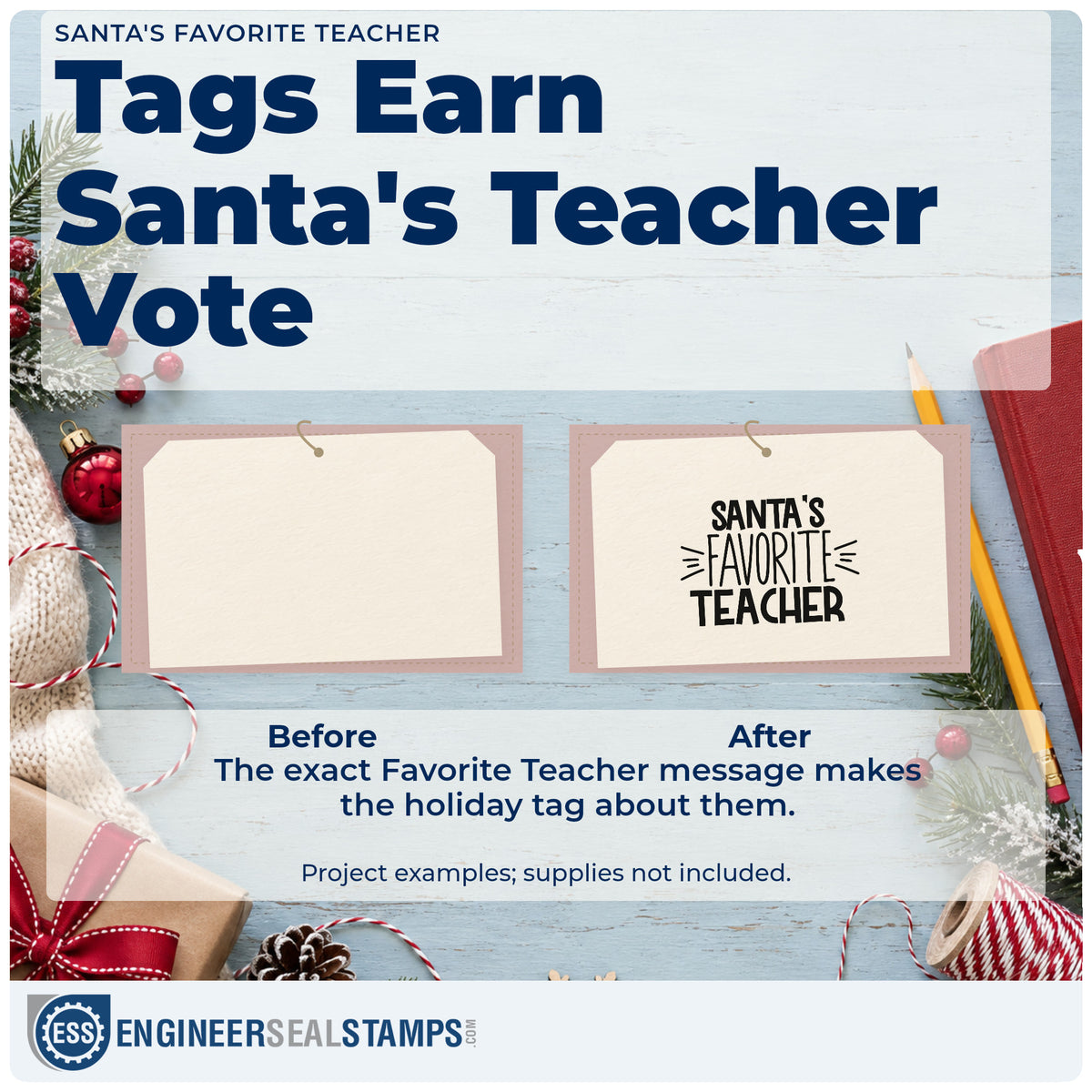 Before and after of a plain item finished with the Santa's Favorite Teacher Premium Wood-Mounted Stamp – Vintage Pro, a quick upgrade for framed staff wall.
