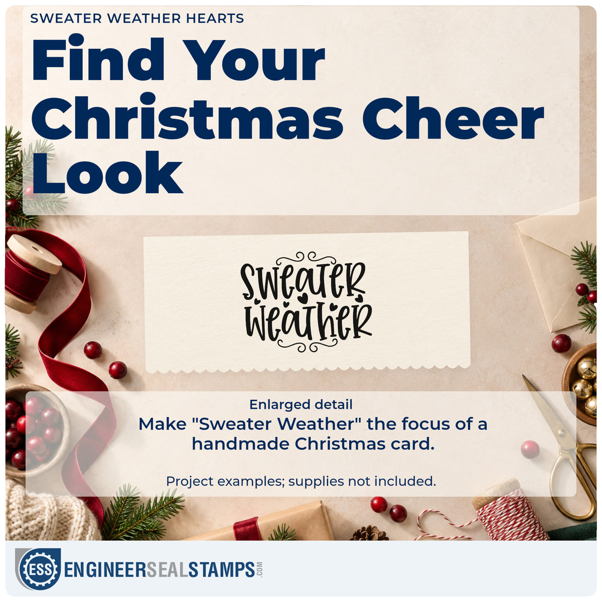 Enlarged detail of the Sweater Weather Hearts Pre-Inked Stamp – Slim imprint. “Sweater Weather” appears in decorative lettering with small hearts and curled flourishes.