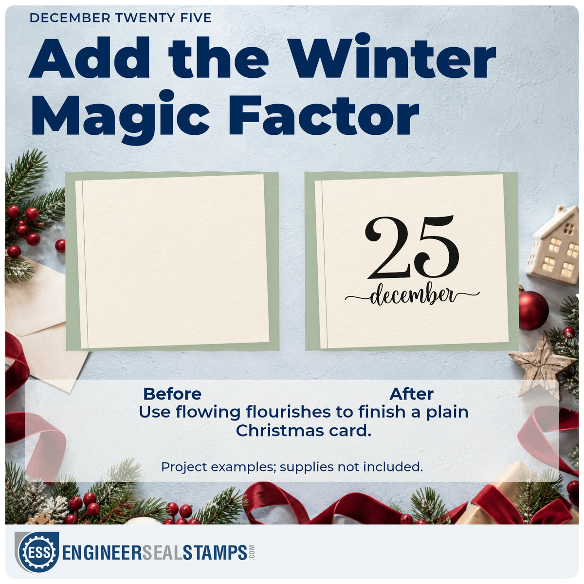 Before and after of a plain item finished with the December Twenty Five Serif Lettering Self-Inking Stamp, a quick upgrade for framed numeral print.