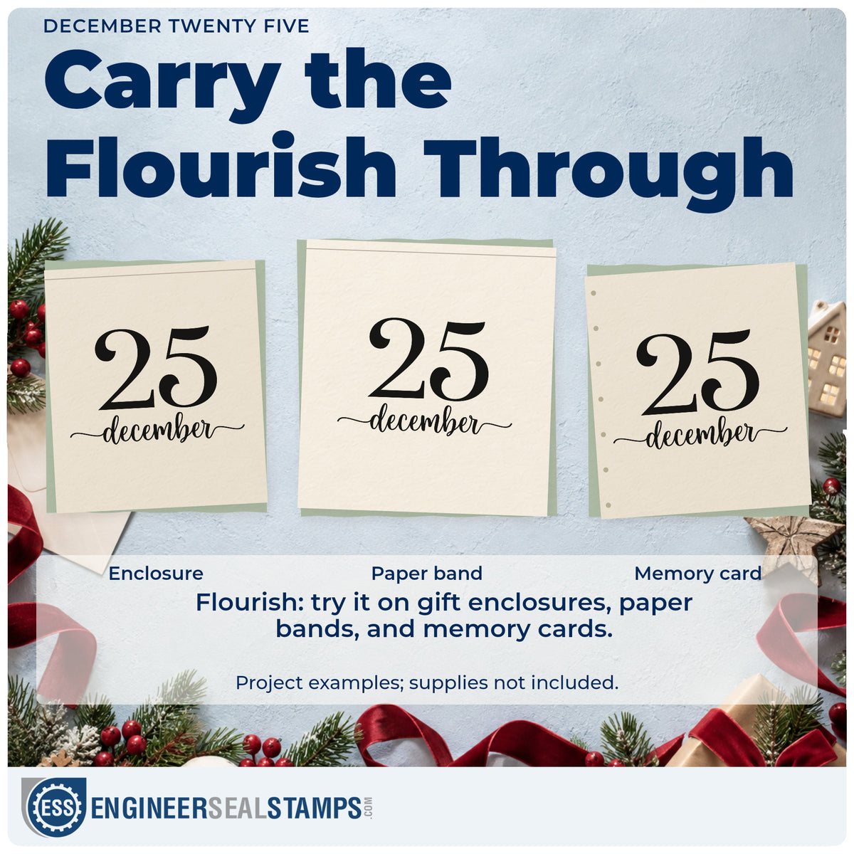 Three project examples made with the December Twenty Five Serif Lettering Self-Inking Stamp, including anniversary log sheet.