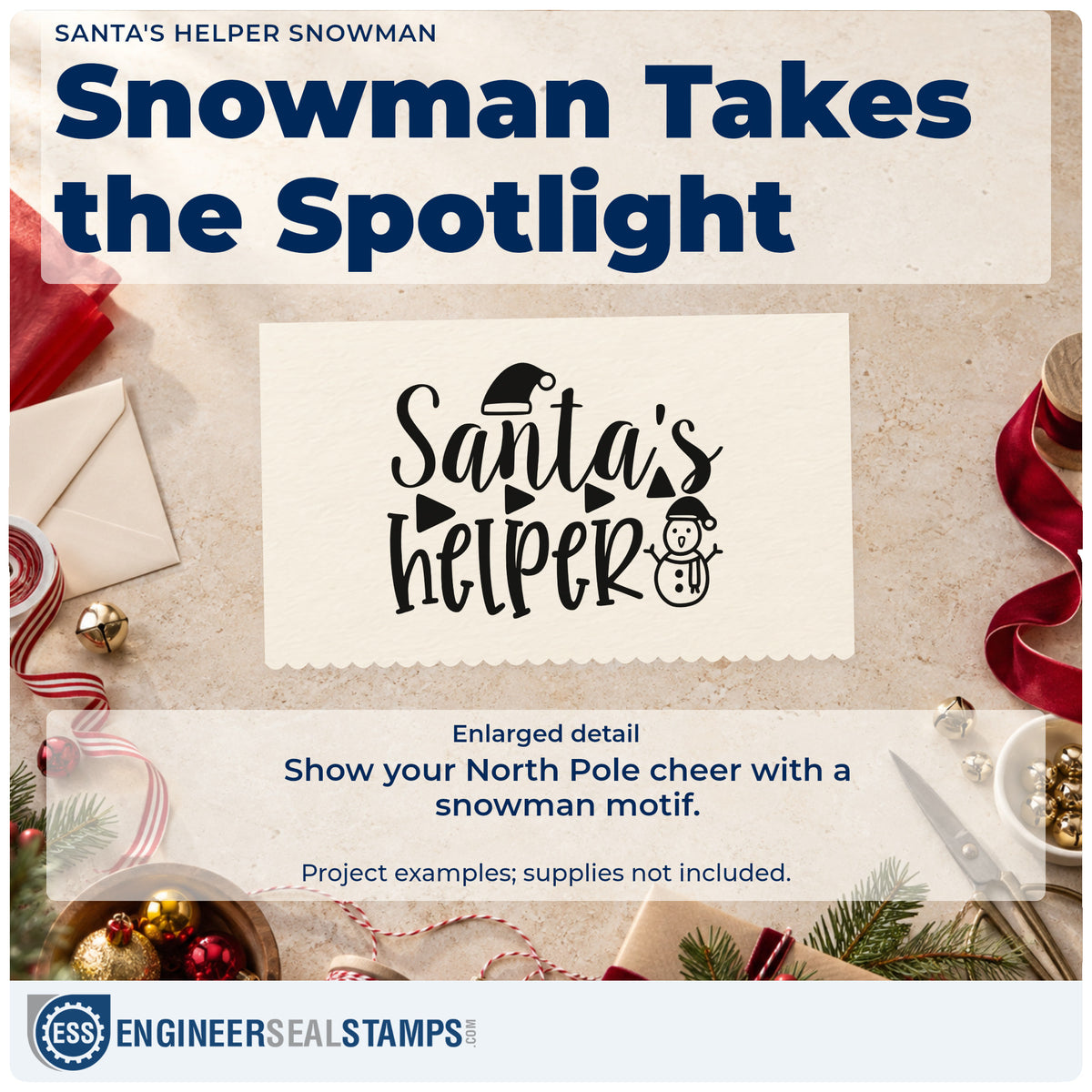 Enlarged detail of the Santa's Helper Snowman Hand Stamp – Duo imprint. “Santa's Helper” appears with a Santa hat, small snowman, and triangular accents.