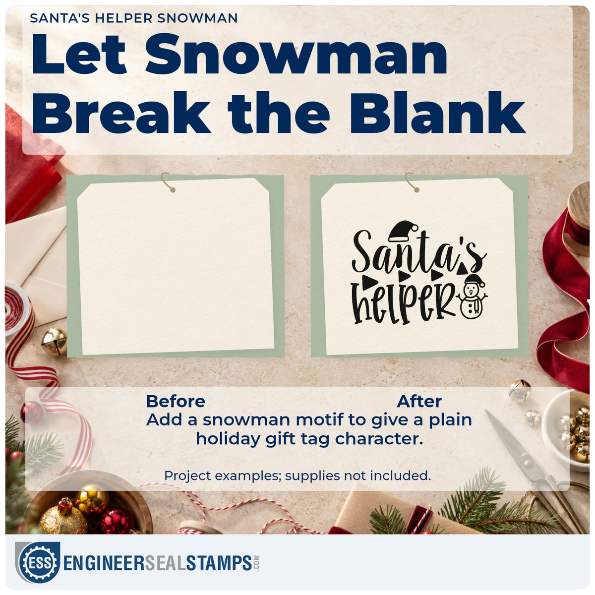 Before and after of a plain item finished with the Santa's Helper Snowman Stamp – Self-Inking, a quick upgrade for framed angular mat.