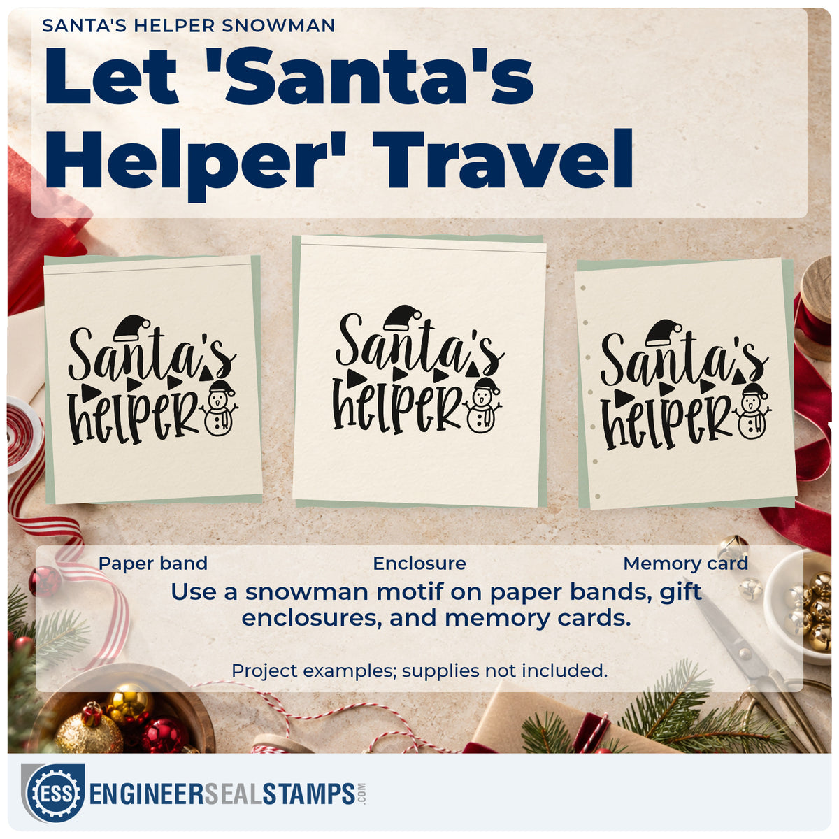 Three project examples made with the Santa's Helper Snowman Hand Stamp – Duo, including grid layout sheet.