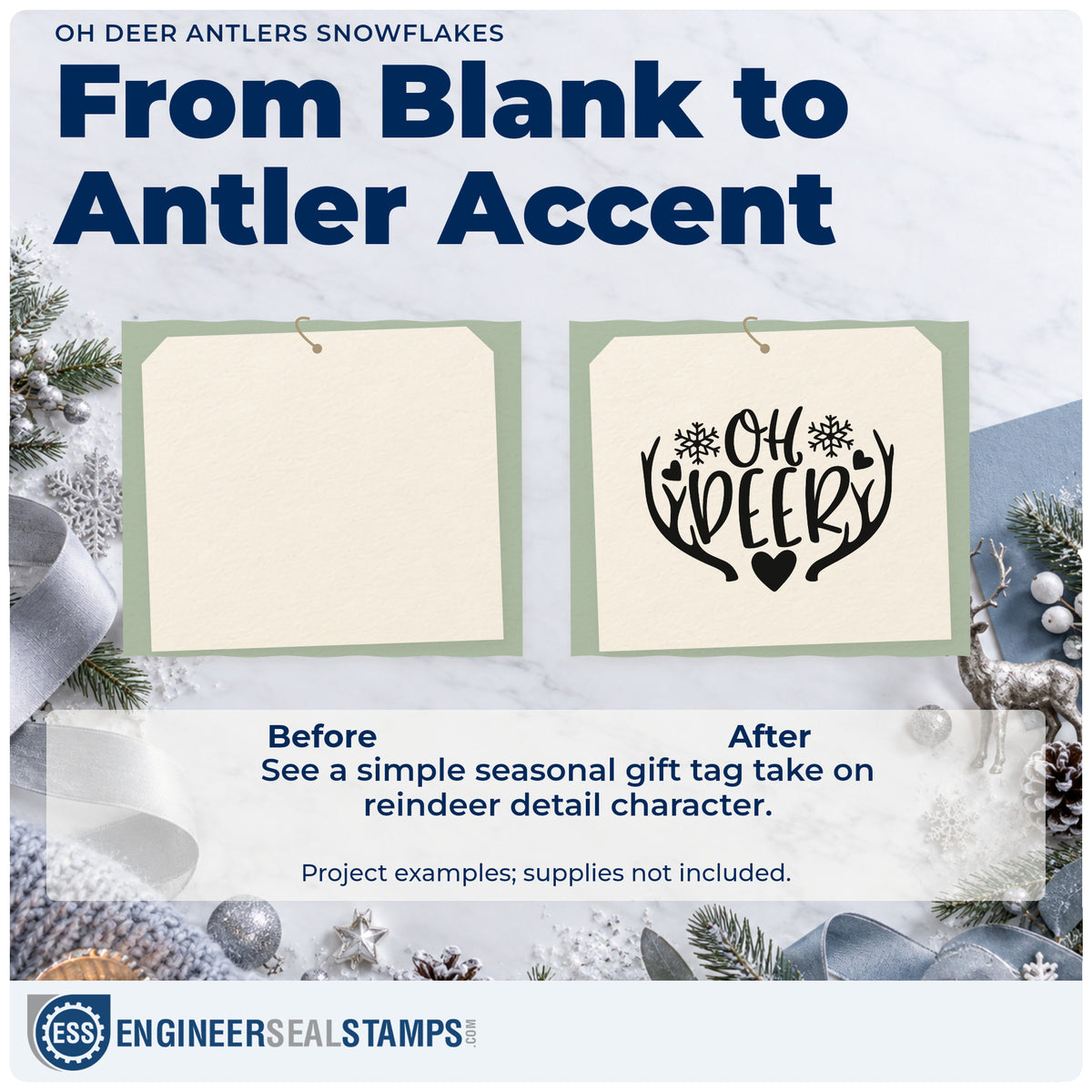 Before and after of a plain item finished with the Oh Deer Antlers Snowflakes With Hearts Wood Handle Stamp, a quick upgrade for swaddle corner printing.