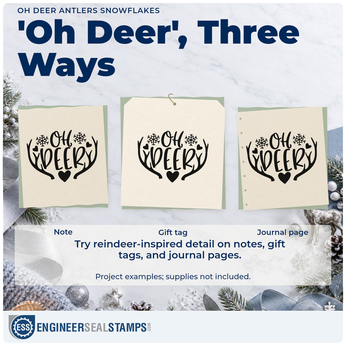 Three project examples made with the Oh Deer Antlers Snowflakes With Hearts Rubber Stamp – Duo Hand, including plush deer gift tags.