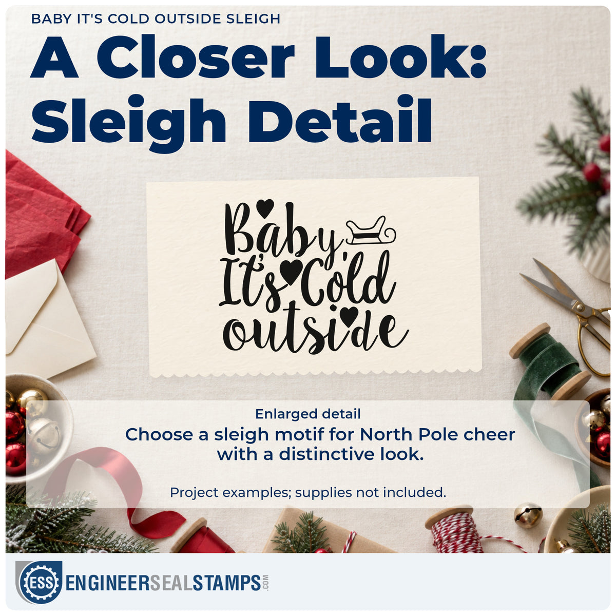 Enlarged detail of the Baby It's Cold Outside Sleigh Pre-Inked Stamp – Slim imprint. “Baby It's Cold Outside” appears with hearts and a small sleigh.
