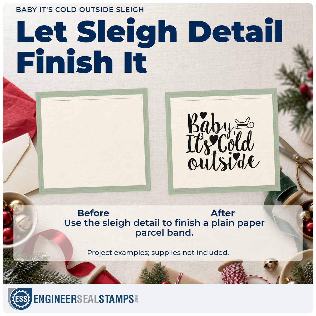 Before and after of a plain item finished with the Baby It's Cold Outside Sleigh Hand Stamp – Duo, a quick upgrade for lap robe printing.