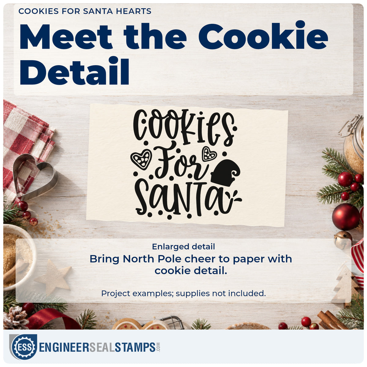 Enlarged detail of the Cookies For Santa Hand Stamp – Duo imprint. “Cookies for Santa” features decorated heart cookies, a Santa hat, and dots.