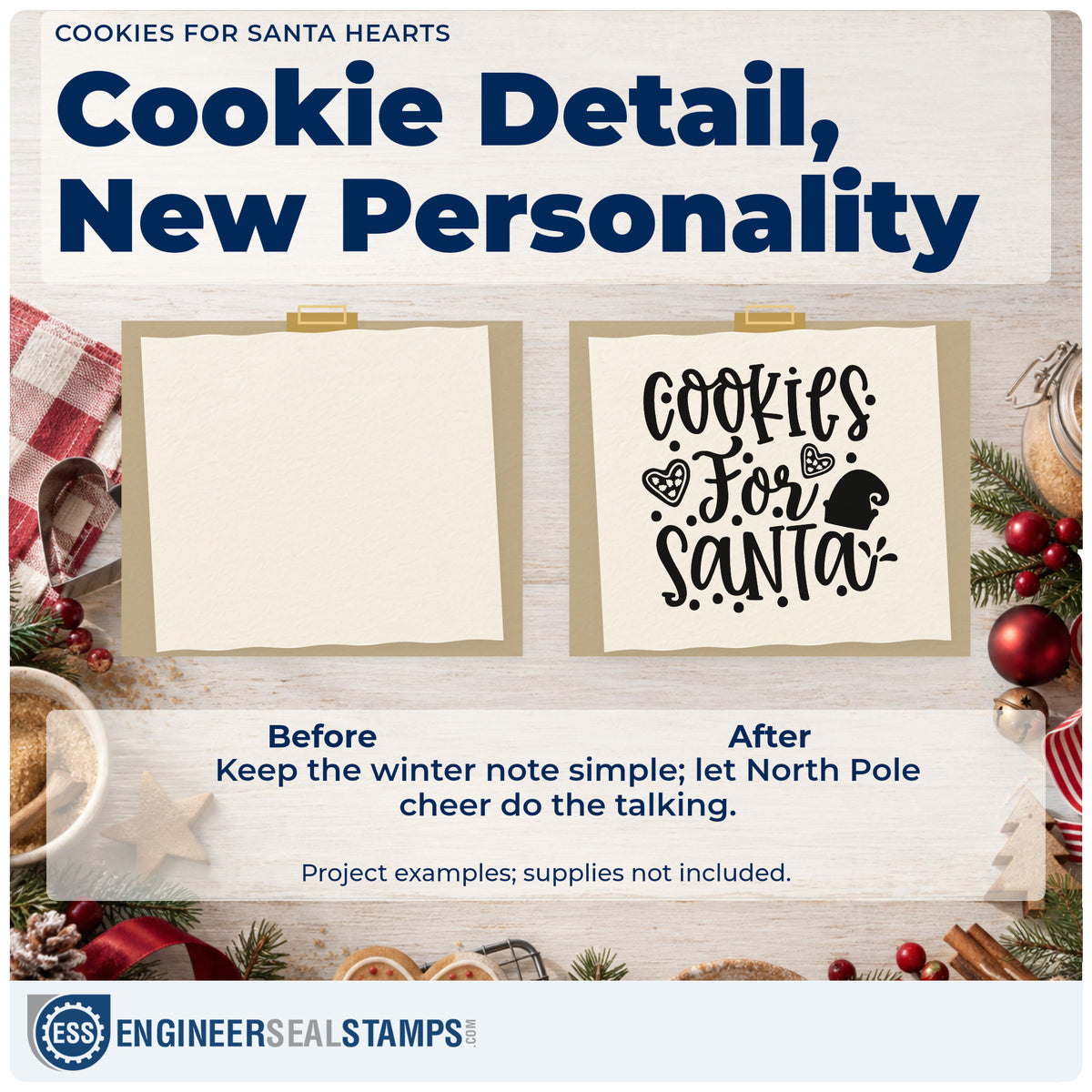 Before and after of a plain item finished with the Premium Wooden Cookies For Santa Stamp – Vintage Pro, a quick upgrade for framed decorating nook.