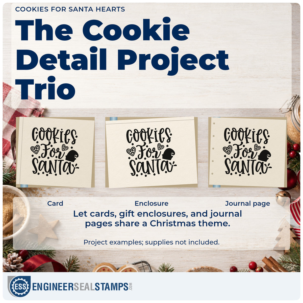 Three project examples made with the Cookies For Santa Hand Stamp – Duo, including design sketch sheet.