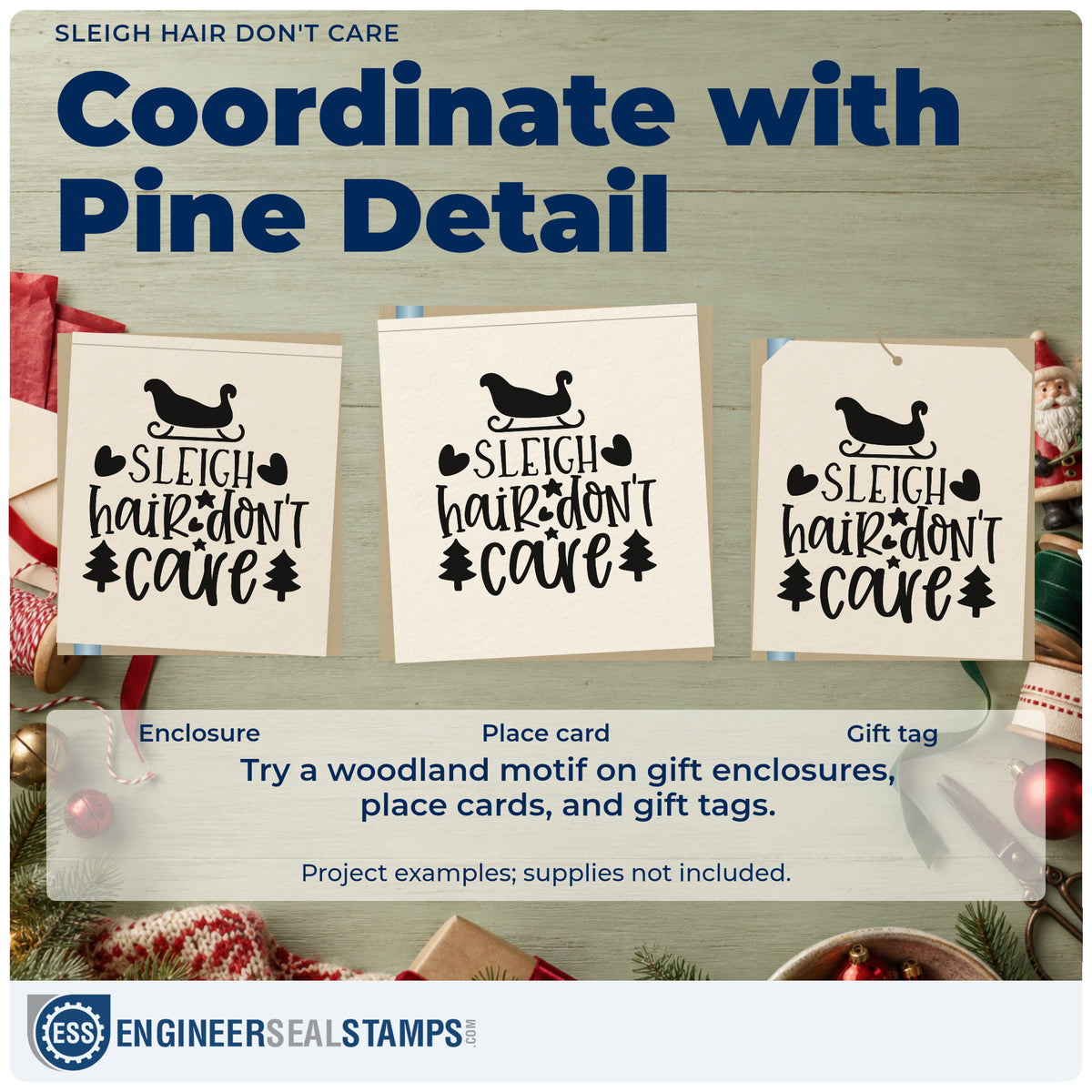 Three project examples made with the Sleigh Hair Don't Care Premium Wood-Mounted Stamp – Vintage Pro, including booking log sheet.