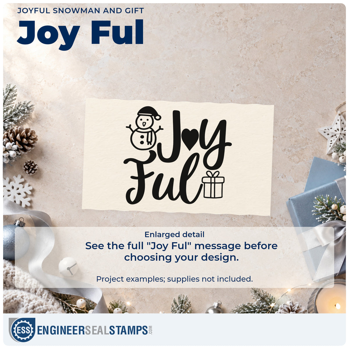 Enlarged detail of the Joyful Snowman And Gift With Hearts Stamp – Premium Vintage Pro Wooden imprint. “Joy Ful” features a heart replacing the O, a smiling snowman, and a gift.