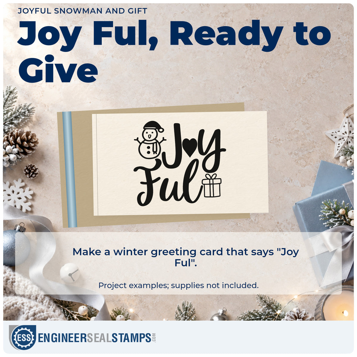 A finished handmade project stamped with the Joyful Snowman And Gift With Hearts Self-Inking Craft Stamp, ideal for symbol album page.