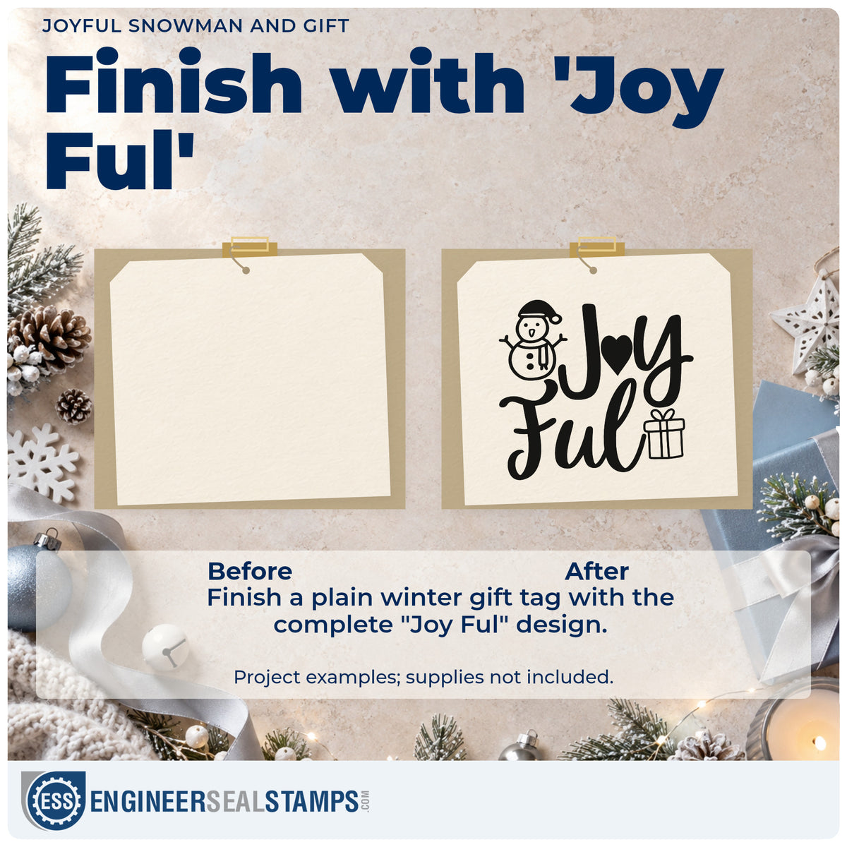 Before and after of a plain item finished with the Joyful Snowman And Gift With Hearts Rubber Stamp – Duo Hand, a quick upgrade for framed playful pair.