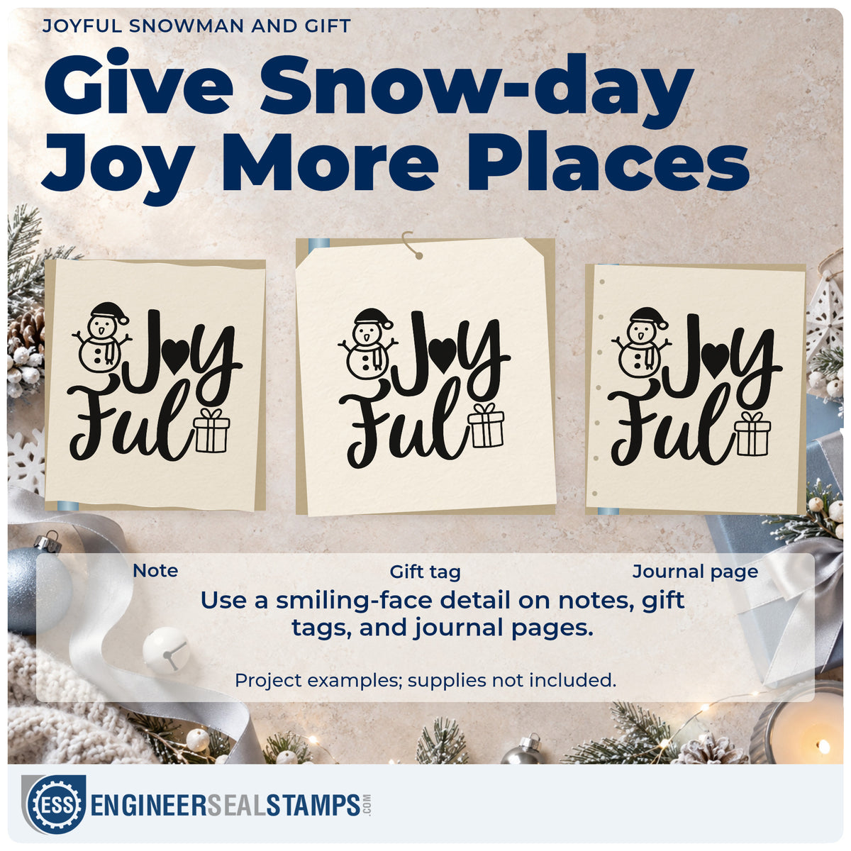 Three project examples made with the Joyful Snowman And Gift With Hearts Stamp – Premium Vintage Pro Wooden, including rebus puzzle sheet.