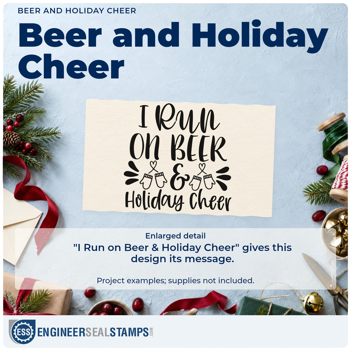 Enlarged detail of the I Run On Beer & Holiday Cheer Hand Stamp – Duo imprint. “I Run on Beer & Holiday Cheer” appears with paired mittens, hearts, and decorative strokes.