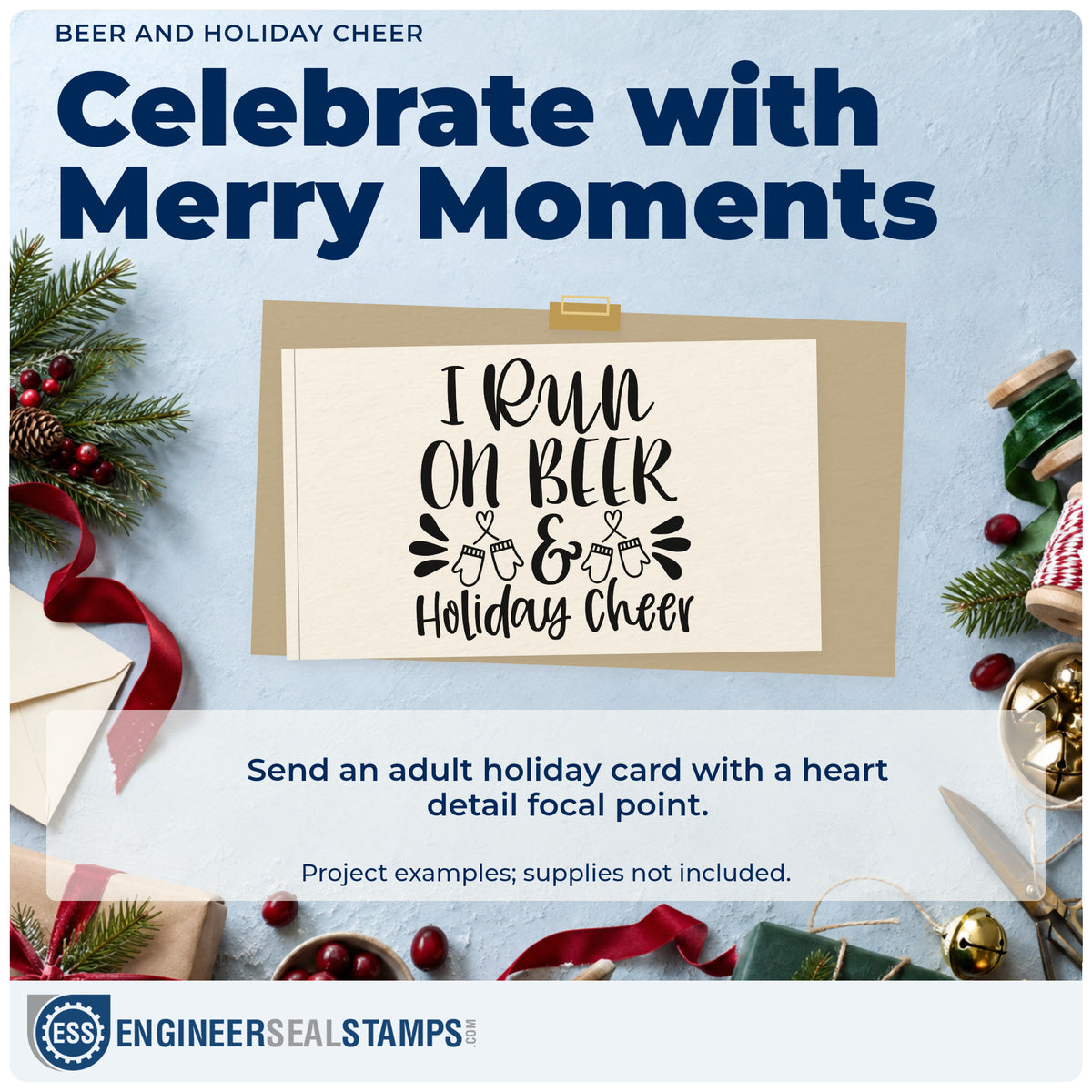 A finished handmade project stamped with the I Run On Beer & Holiday Cheer Pre-Inked Stamp – Slim, ideal for brewery album page.
