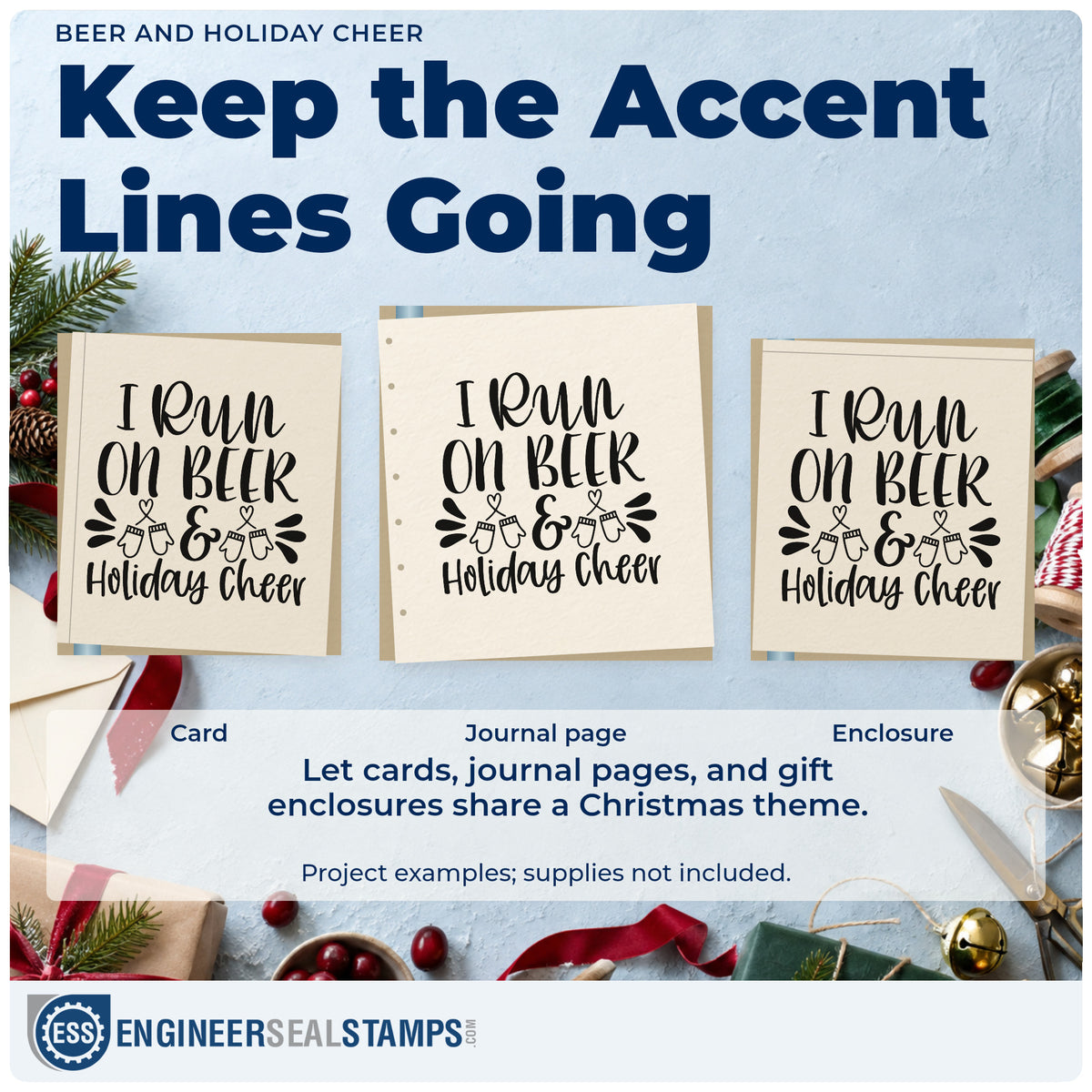 Three project examples made with the I Run On Beer & Holiday Cheer Hand Stamp – Duo, including brew log sheet.