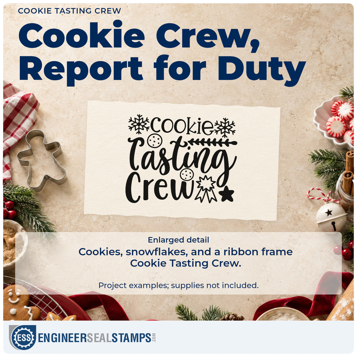 Enlarged detail of the Cookie Tasting Crew Snowflakes Premium Wooden Stamp – Vintage Pro imprint. “Cookie Tasting Crew” features cookies, snowflakes, stars, and a ribbon-like ornament.