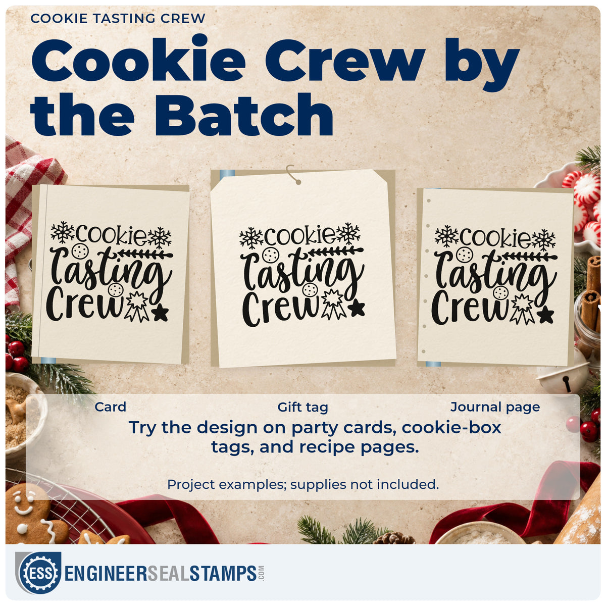 Three project examples made with the Cookie Tasting Crew Snowflakes Premium Wooden Stamp – Vintage Pro, including score rating sheet.