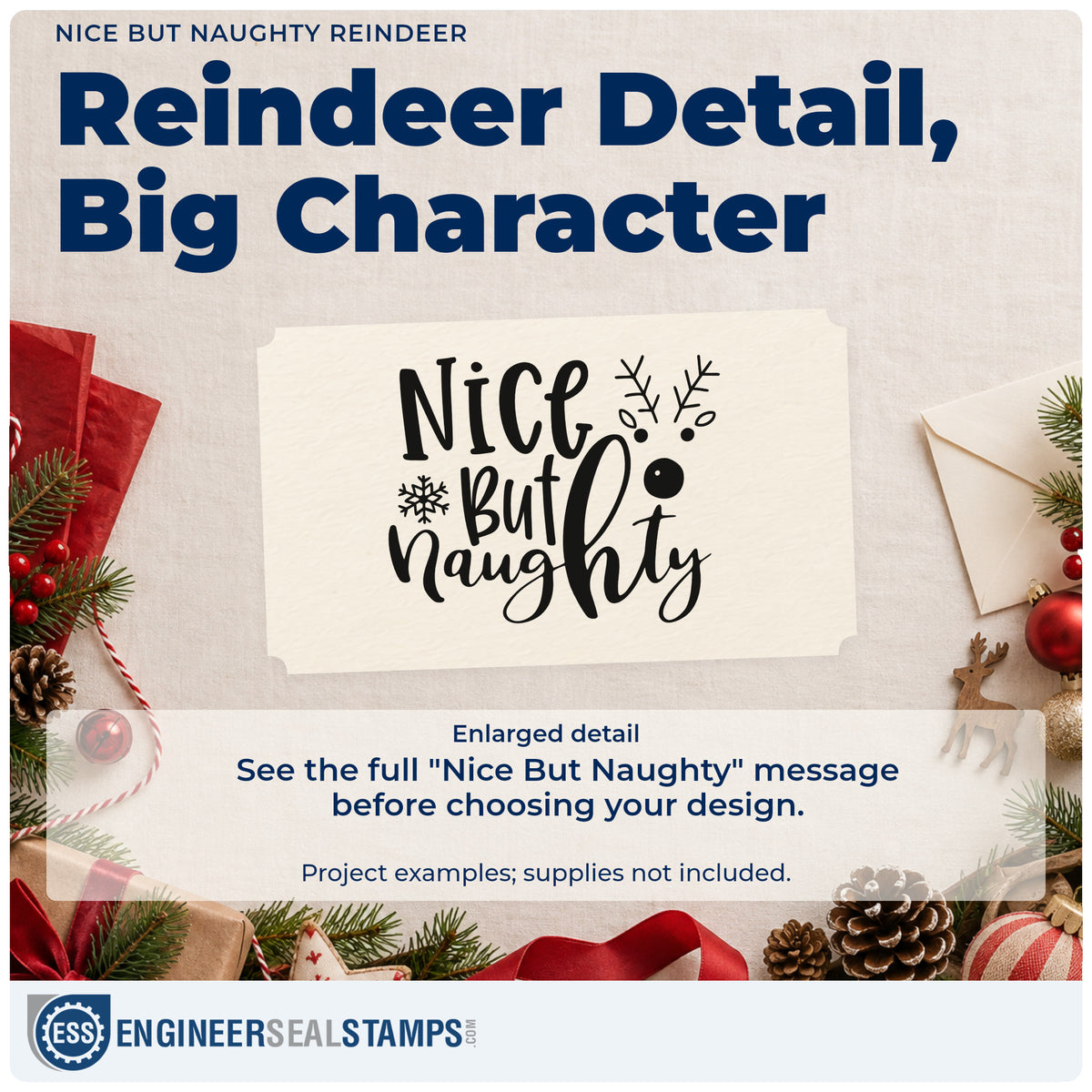 Enlarged detail of the Nice But Naughty Reindeer Antlers Wood Handle Stamp imprint. “Nice But Naughty” appears beside simple antlers, a round nose, and a snowflake.