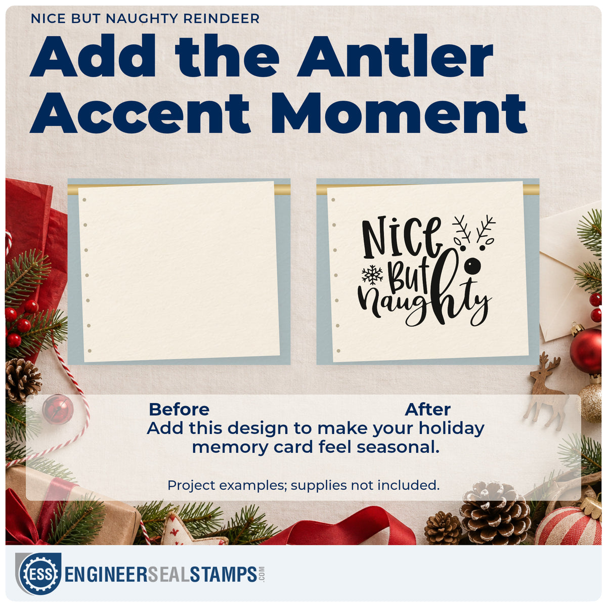 Before and after of a plain item finished with the Nice But Naughty Reindeer Antlers Slim Pre-Inked Stamp, a quick upgrade for framed hall duo.