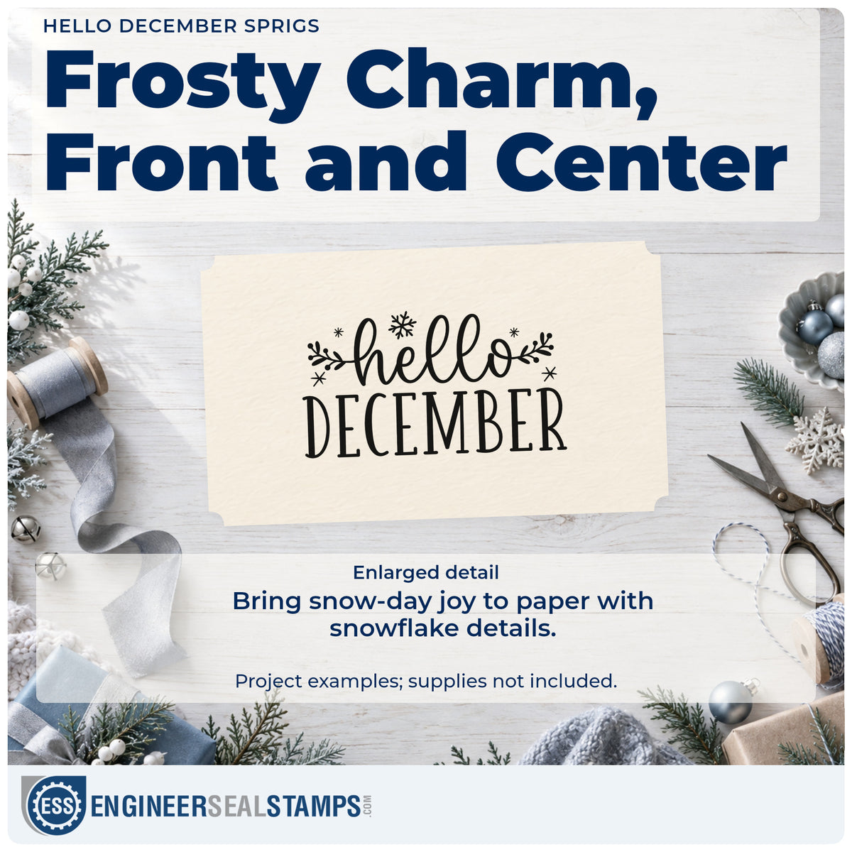 Enlarged detail of the Hello December Sprigs Hand Stamp – Duo imprint. Script “Hello” sits above serif “December” with leafy sprigs, stars, and a snowflake.